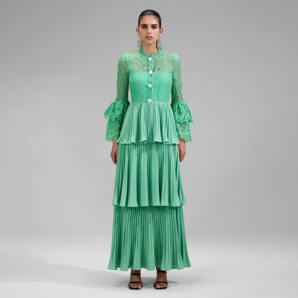 Dresses*Self-Portrait Green Tiered Cord Lace Maxi Dress