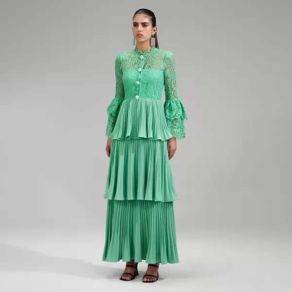 Dresses*Self-Portrait Green Tiered Cord Lace Maxi Dress