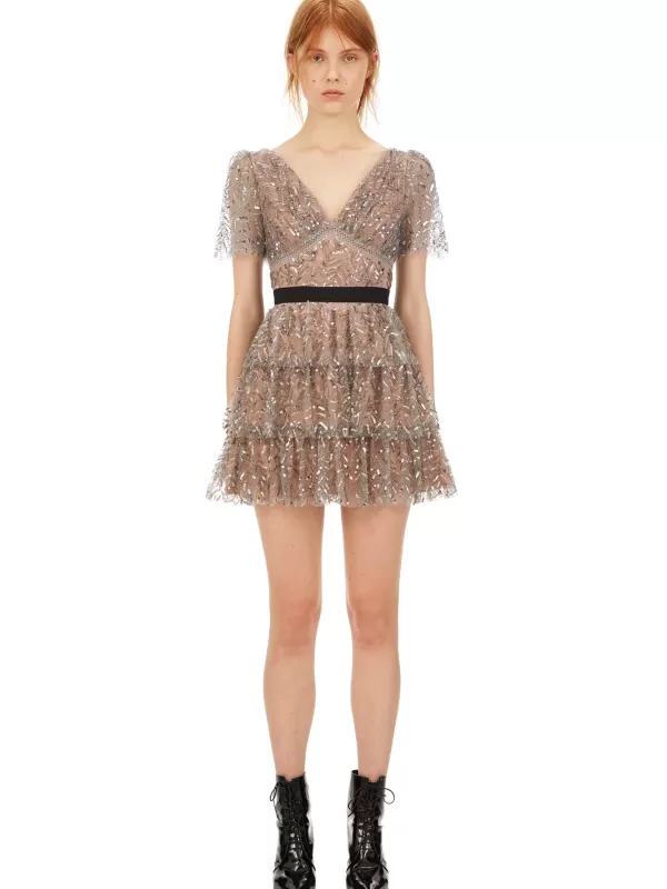 Dresses*Self-Portrait Grey Leaf Sequin Mini Dress