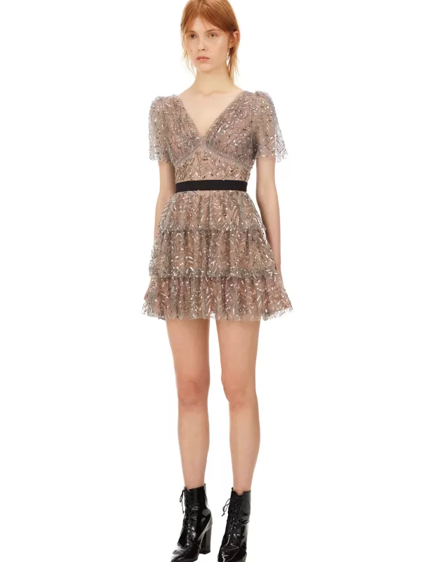 Dresses*Self-Portrait Grey Leaf Sequin Mini Dress