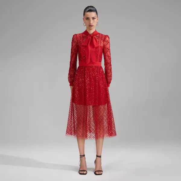 Dresses*Self-Portrait Grid Sequin Midi Dress Red