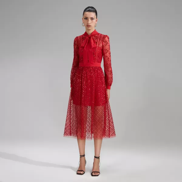 Dresses*Self-Portrait Grid Sequin Midi Dress Red