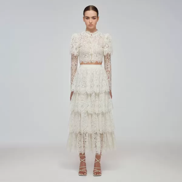 Bottoms*Self-Portrait Ivory Corded Lace Tiered Midi Skirt