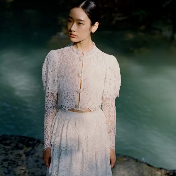 Bottoms*Self-Portrait Ivory Corded Lace Tiered Midi Skirt