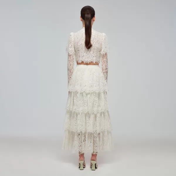 Bottoms*Self-Portrait Ivory Corded Lace Tiered Midi Skirt