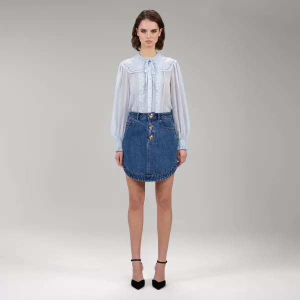 Tops*Self-Portrait Light Blue Broderie Collar Chiffon Blouse