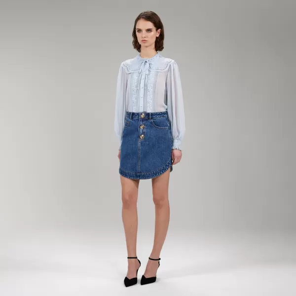 Tops*Self-Portrait Light Blue Broderie Collar Chiffon Blouse