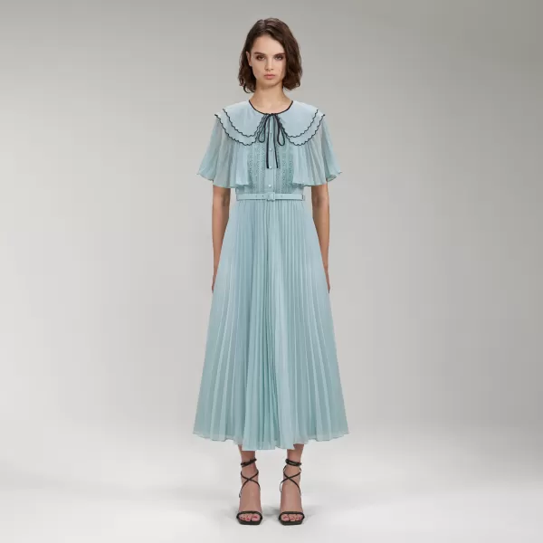 Dresses*Self-Portrait Light Blue Chiffon Scallop Collar Midi Dress