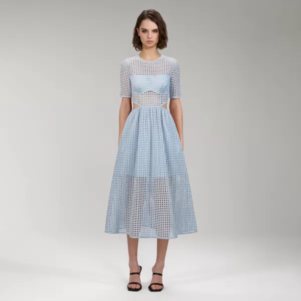 Dresses*Self-Portrait Light Blue Cotton Broderie Anglaise Midi Dress