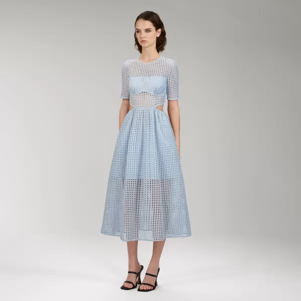 Dresses*Self-Portrait Light Blue Cotton Broderie Anglaise Midi Dress