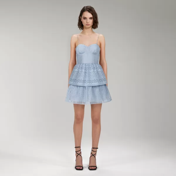 Dresses*Self-Portrait Light Blue Cotton Broderie Anglaise Mini Dress