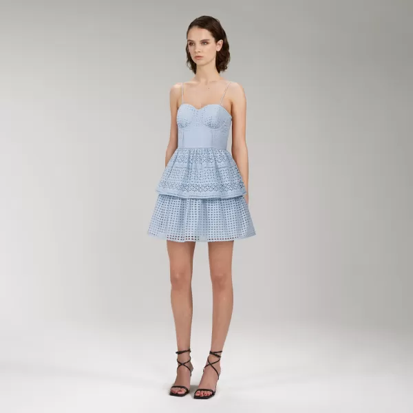 Dresses*Self-Portrait Light Blue Cotton Broderie Anglaise Mini Dress