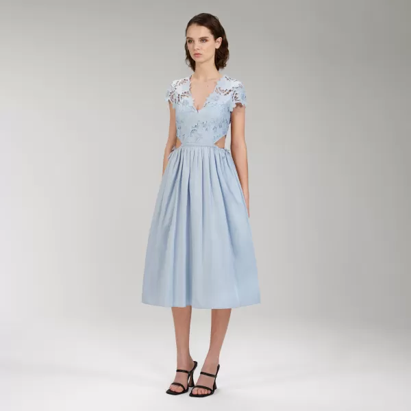 Dresses*Self-Portrait Light Blue Cotton Guipure Lace Midi Dress