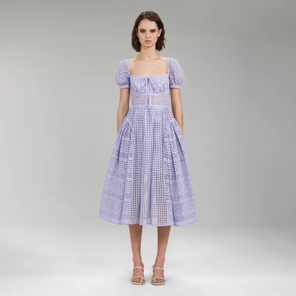 Dresses*Self-Portrait Lilac Cotton Broderie Anglaise Midi Dress