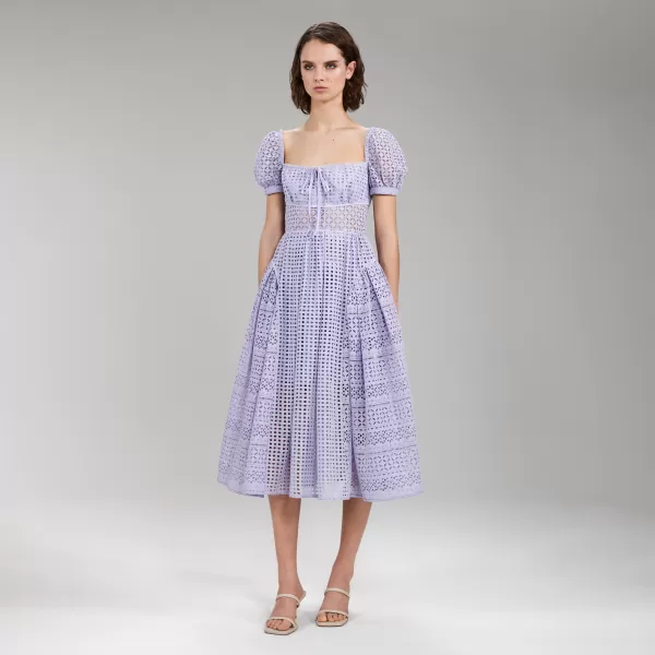 Dresses*Self-Portrait Lilac Cotton Broderie Anglaise Midi Dress