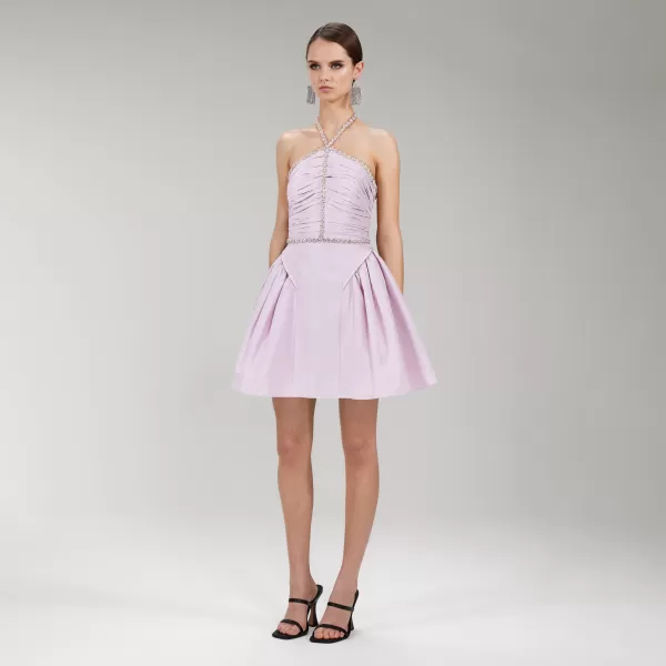 Dresses*Self-Portrait Lilac Taffeta Diamante Trim Mini Dress