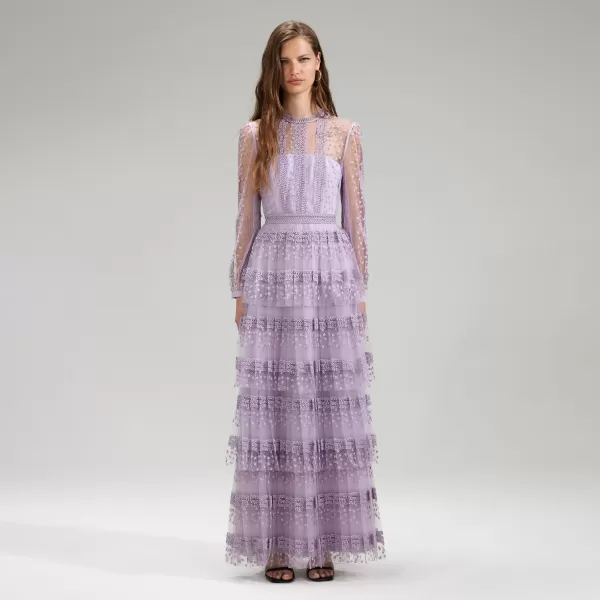 Dresses*Self-Portrait Lilac Tiered Lace Maxi Dress