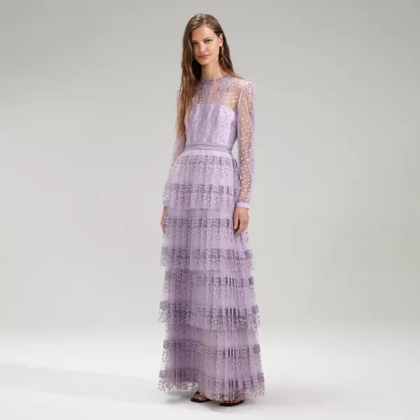 Dresses*Self-Portrait Lilac Tiered Lace Maxi Dress