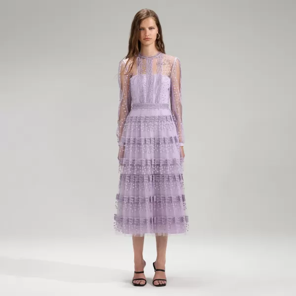 Dresses*Self-Portrait Lilac Tiered Lace Midi Dress