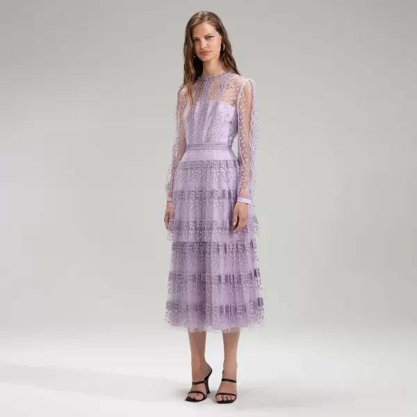 Dresses*Self-Portrait Lilac Tiered Lace Midi Dress