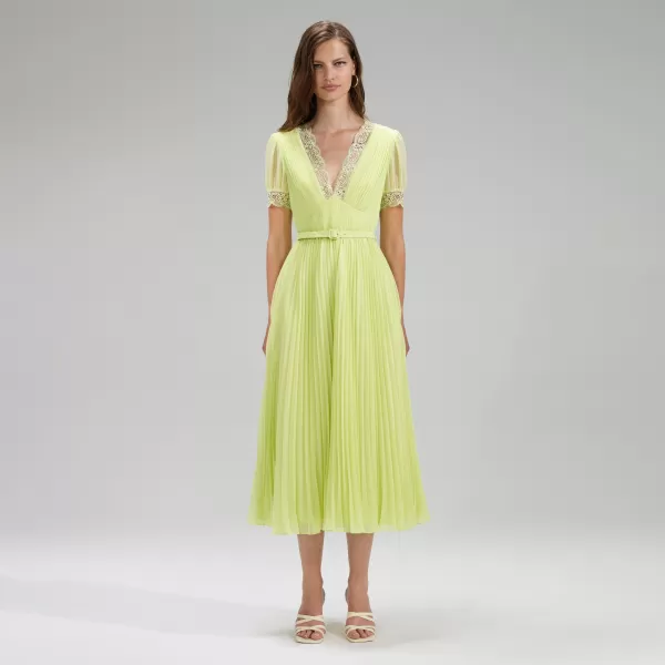 Dresses*Self-Portrait Lime Chiffon Midi Dress Lace Detail Lime Chiffon Midi Dress Lace Detail-Green