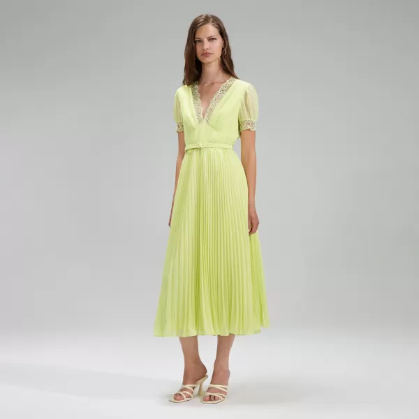 Dresses*Self-Portrait Lime Chiffon Midi Dress Lace Detail Lime Chiffon Midi Dress Lace Detail-Green