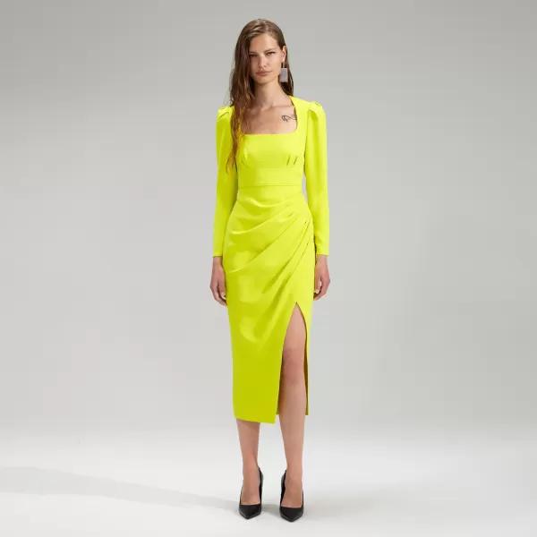 Dresses*Self-Portrait Lime Crepe Ruched Midi Dress Lime Crepe Ruched Midi Dress-Green