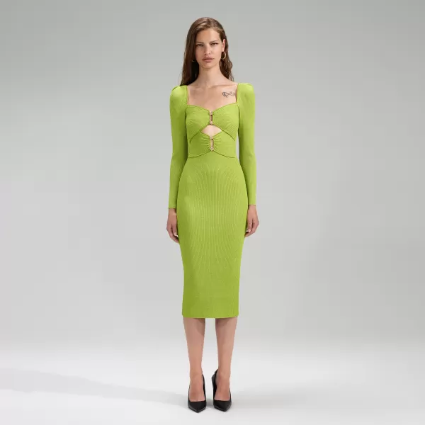 Dresses*Self-Portrait Lime Green Lurex Knit Midi Dress Lime Green Lurex Knit Midi Dress-Green