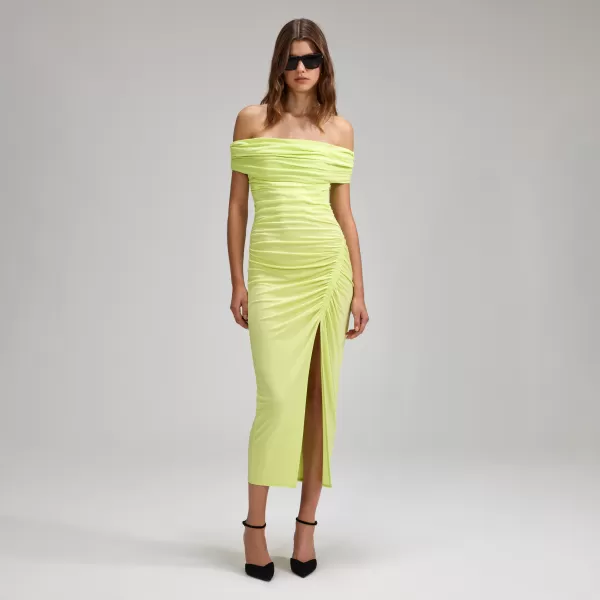 Dresses*Self-Portrait Lime Jersey Off-Shoulder Midi Dress