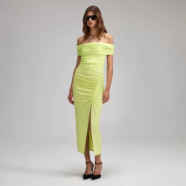 Dresses*Self-Portrait Lime Jersey Off-Shoulder Midi Dress