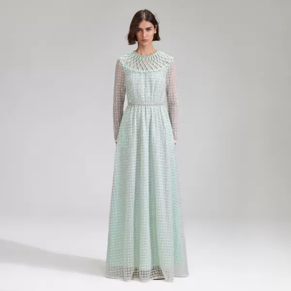 Dresses*Self-Portrait Mint Grid Sequin Pearl Maxi Dress