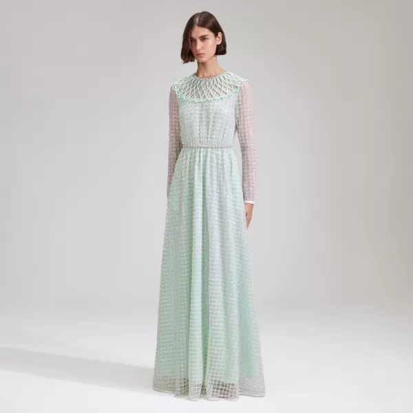 Dresses*Self-Portrait Mint Grid Sequin Pearl Maxi Dress