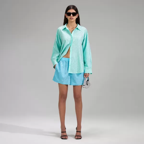 Tops*Self-Portrait Mint Rhinestone Taffeta Oversized Shirt Mint Rhinestone Taffeta Oversized Shirt-Green