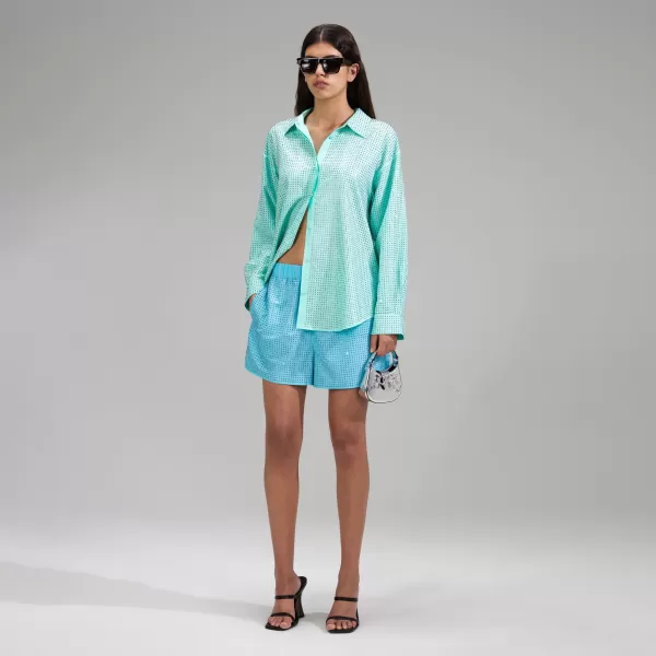 Tops*Self-Portrait Mint Rhinestone Taffeta Oversized Shirt Mint Rhinestone Taffeta Oversized Shirt-Green