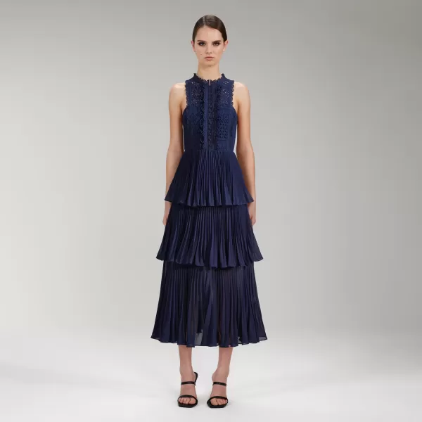 Dresses*Self-Portrait Navy Broderie & Chiffon Tiered Midi Dress