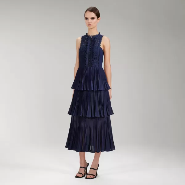 Dresses*Self-Portrait Navy Broderie & Chiffon Tiered Midi Dress