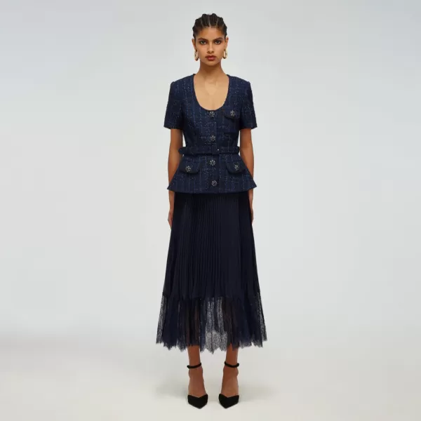 Dresses*Self-Portrait Navy Metallic Boucle Tailored Midi Dress