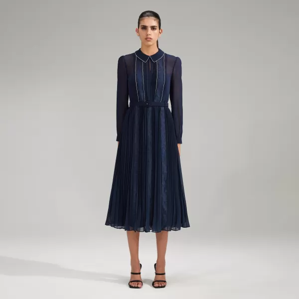 Dresses*Self-Portrait Navy Pleated Diamante Detail Midi Dress