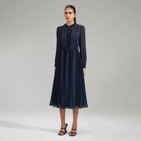 Dresses*Self-Portrait Navy Pleated Diamante Detail Midi Dress