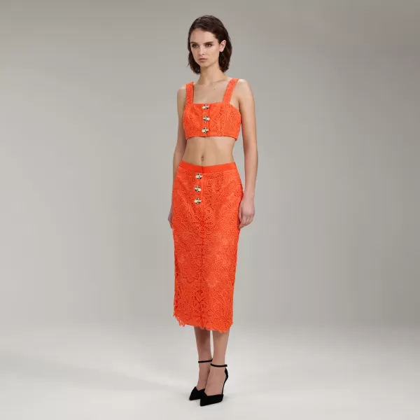 Tops*Self-Portrait Orange Floral Guipure Crop Top