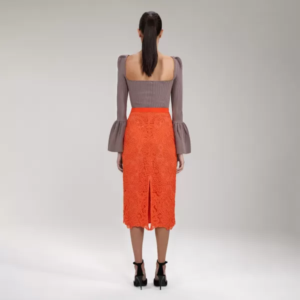 Bottoms*Self-Portrait Orange Floral Guipure Midi Skirt