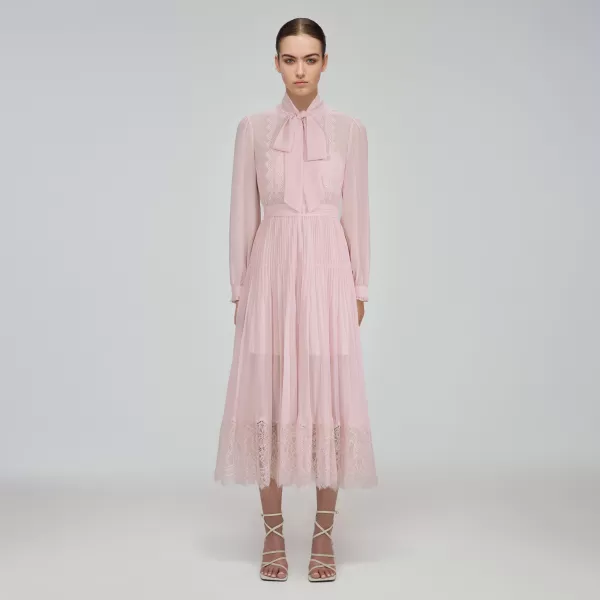 Dresses*Self-Portrait Pale Pink Chiffon Trimmed Midi Dress