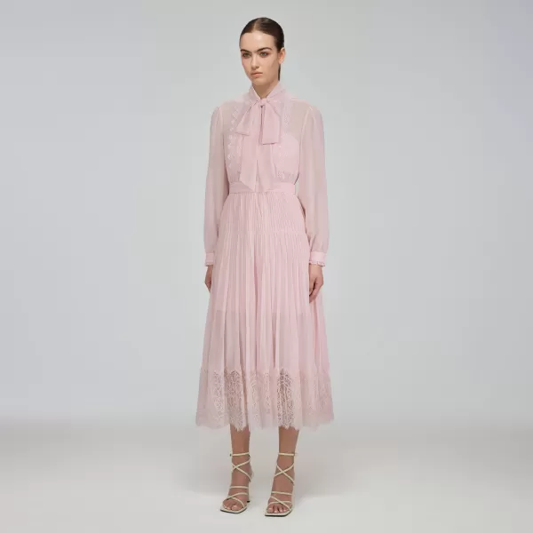 Dresses*Self-Portrait Pale Pink Chiffon Trimmed Midi Dress