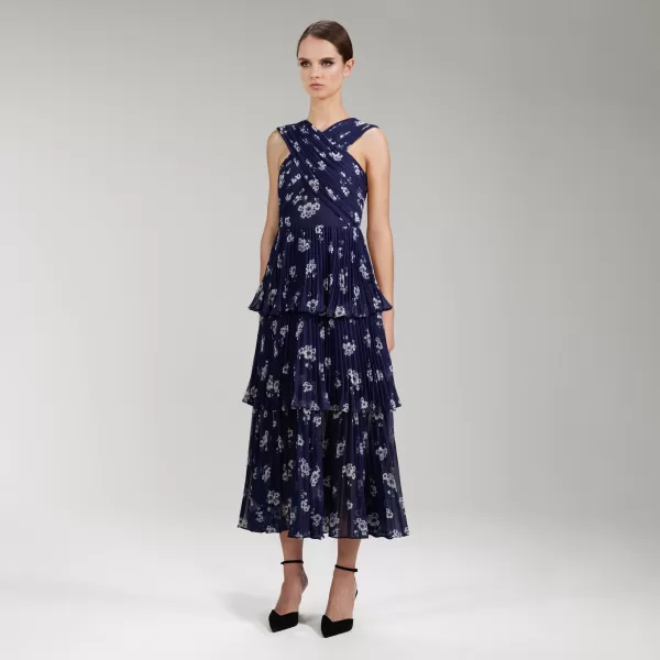 Dresses*Self-Portrait Pansy Print Chiffon Crossover Midi Dress