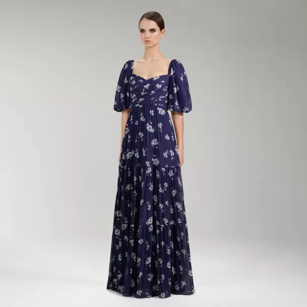 Dresses*Self-Portrait Pansy Print Pleated Chiffon Maxi Dress