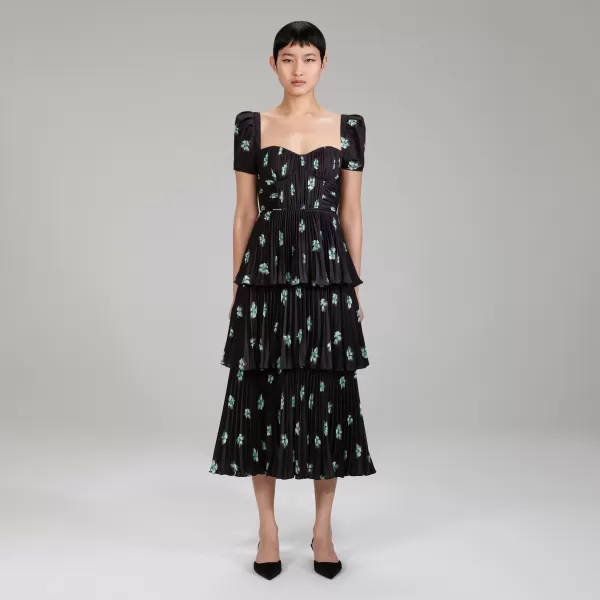 Dresses*Self-Portrait Pansy Print Tiered Midi Dress