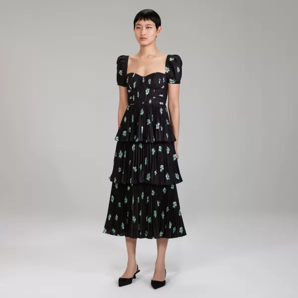 Dresses*Self-Portrait Pansy Print Tiered Midi Dress