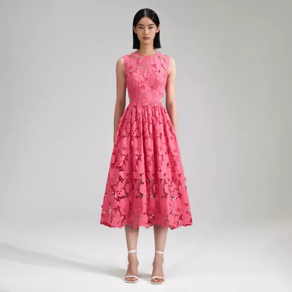 Dresses*Self-Portrait Pink 3D Cotton Lace Midi Dress