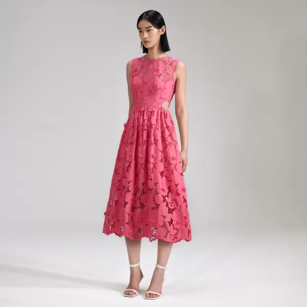 Dresses*Self-Portrait Pink 3D Cotton Lace Midi Dress