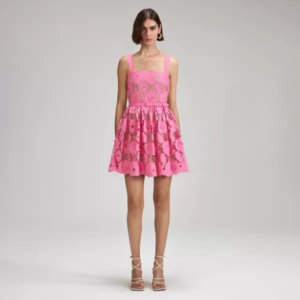 Dresses*Self-Portrait Pink 3D Cotton Lace Mini Dress